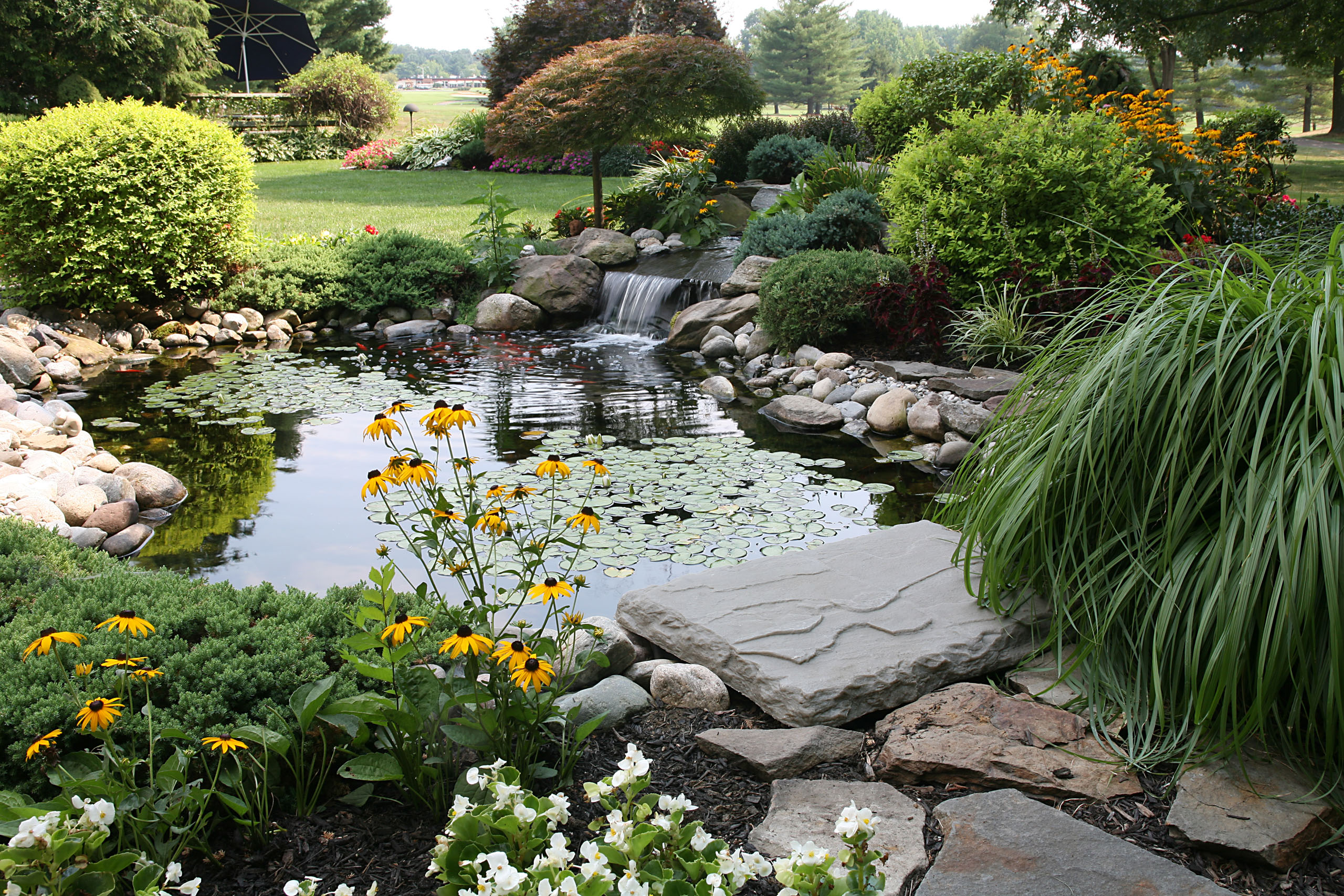 Das Bild zeigt einen schön angelegten Gartenteich mit einem kleinen Wasserfall.